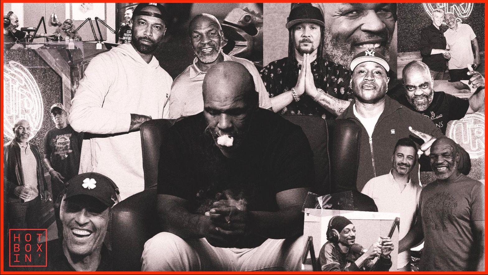 Collage of Hotboxin podcast moments with Mike Tyson and guests